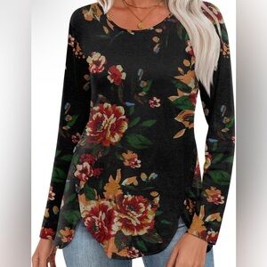 Black Floral Long Sleeve Top With Side Botton Feature